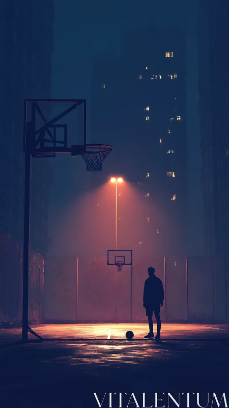 Silhouetted player on urban basketball court at night.