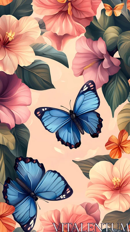 Blue butterflies drifting through lush pastel hibiscus blooms.