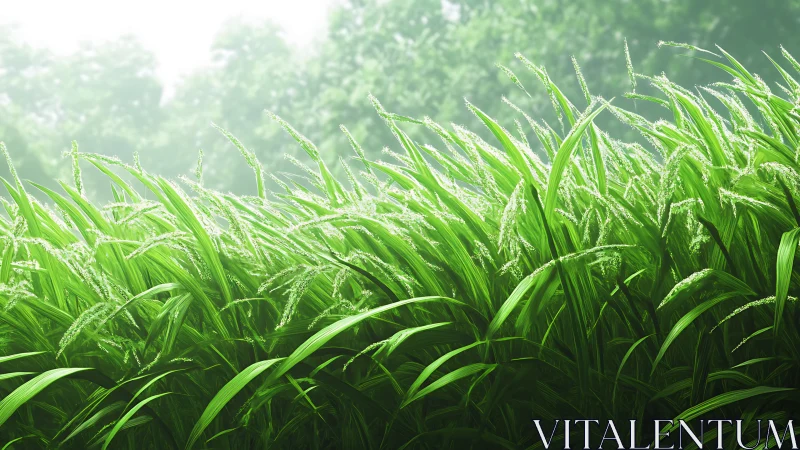 Dense green grass with seed heads under soft daylight.