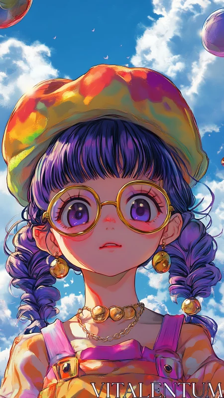 Vivid skyward portrait of wide-eyed girl in rainbow beret.