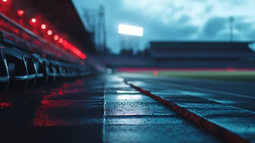 Moody stadium track glows softly under calm evening lights
