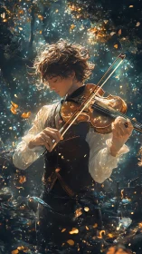 Violinist commands glowing forest with swirling golden light.