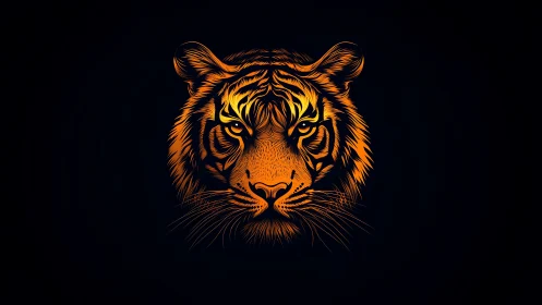 Tiger portrait glows with neon orange line illumination.