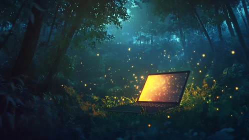 Laptop of fireflies casting digital spells in a moonlit forest.