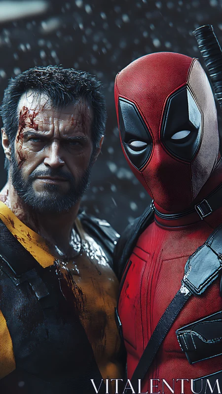 Hyperreal dual-portrait of two armored vigilantes in rain