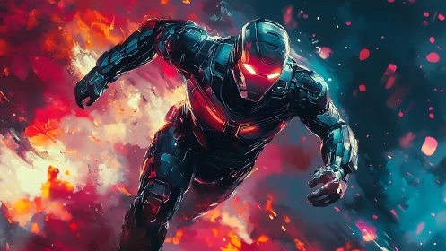 Steel comet charges through firestorm in neon-slick armor