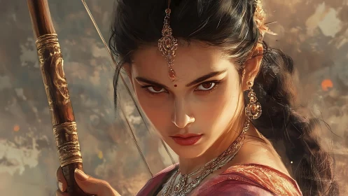Fierce archer heroine in ornate jewelry and glowing light.