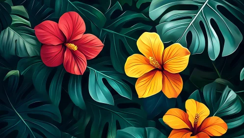 Vibrant Tropical Blooms Among Lush Monstera Leaves.