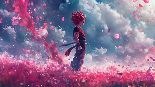 Crimson-haired warrior amid storm of petals and clouds.