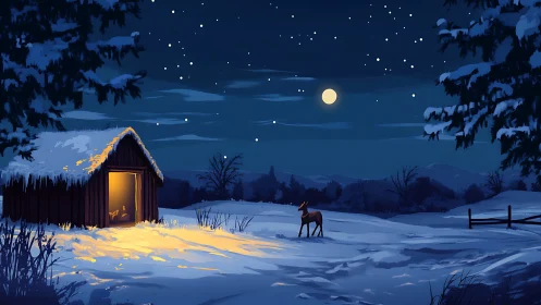 Snow-covered cabin and lone deer under clear winter night sky.