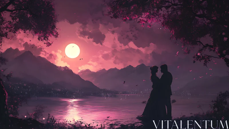 Silhouetted couple embracing at sunset over mountain lake.