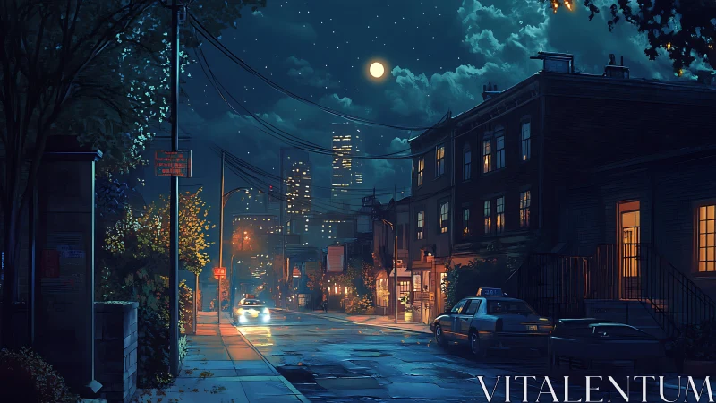 Digital painting of moonlit urban street with cinematic depth.