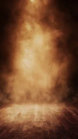 Backlit wooden stage with dense amber atmospheric haze