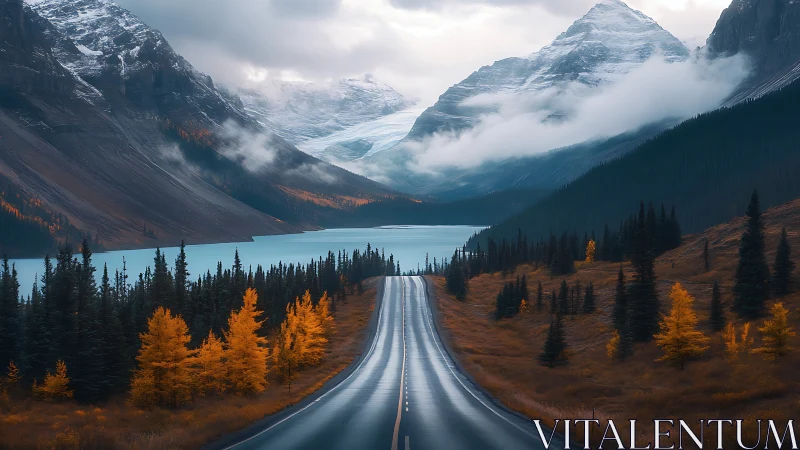 Cinematic mountain highway with glacial lake perspective.