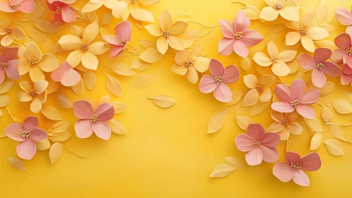 Polychromatic Floral Arrangement: Layered Paper Blooms Against Chromatic Yellow Field.