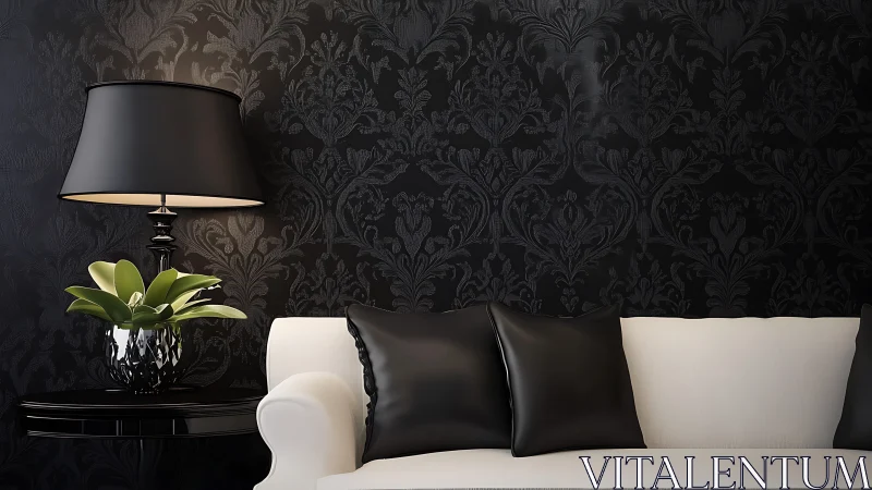 Monochrome living room balances white sofa and dark damask