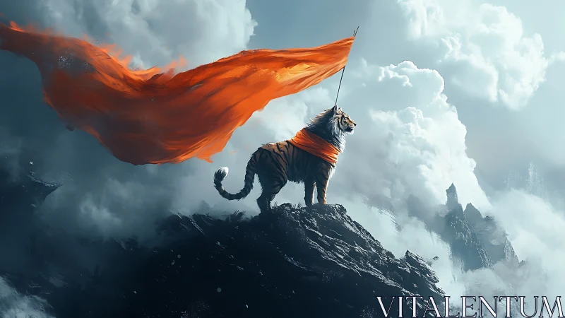 Heroic tiger standard-bearer on stormy crag with orange banner