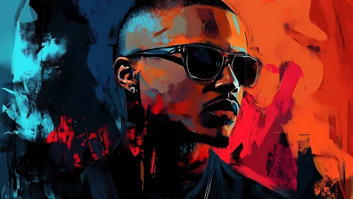 Bold digital portrait of man in sunglasses on neon backdrop.