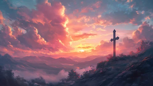 Mountain cross silhouetted against vivid sunset sky.