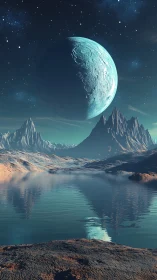 Frozen exoplanet rising above mirrored alien lake vista.