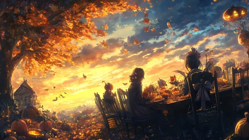 People sit at outdoor autumn feast under large tree at sunset
