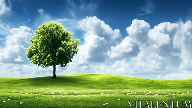 Solitary green tree crowned by sweeping summer clouds.