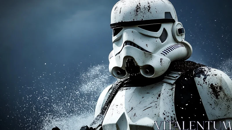 Armored sci‑fi soldier in rain with weathered white helmet.