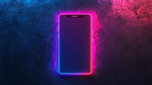 Neon-Bordered Smartphone Display Against Textured Dark Environment.