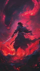 Sword-wielding warrior faces fiery dragon in red void.