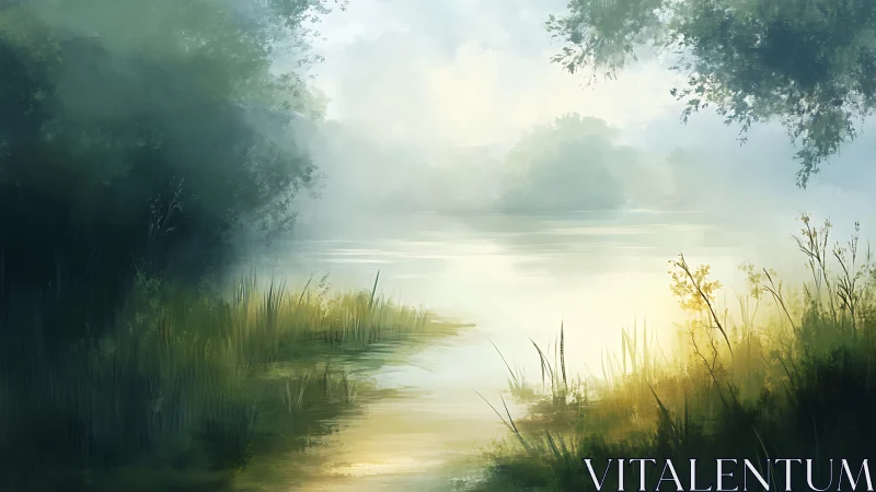Morning mist wraps a quiet riverside in painted hush