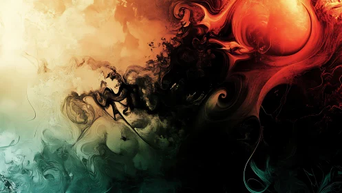 Swirling chromatic nebula engulfs a molten red celestial sphere