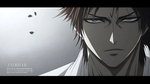 Stoic anime antihero framed in stark, moody light.