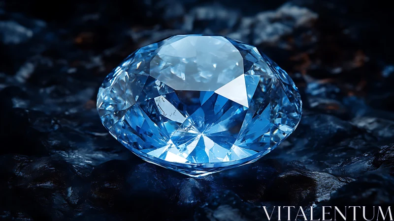 Faceted blue gemstone resting on dark textured surface.