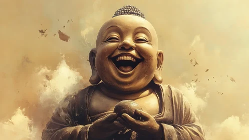 Golden laughing Buddha statue radiates joy through soft clouds
