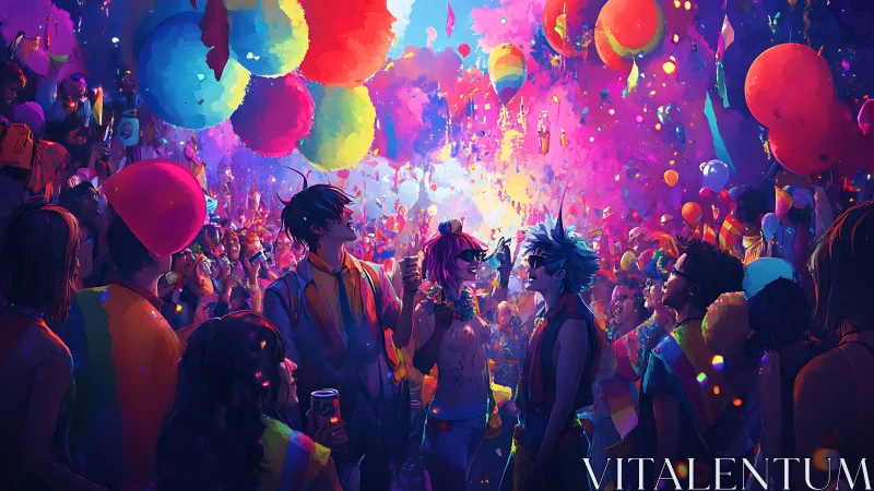 Neon pride parade ignites a confetti-splashed night sky.