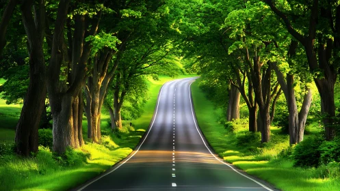 Sunlit forest roadway curving through lush green corridor.