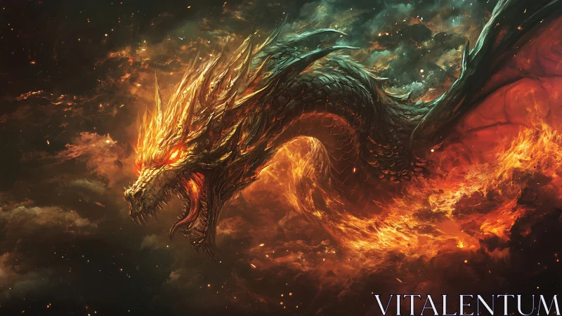 Infernal dragon crowned in flame amid stormfire skies.