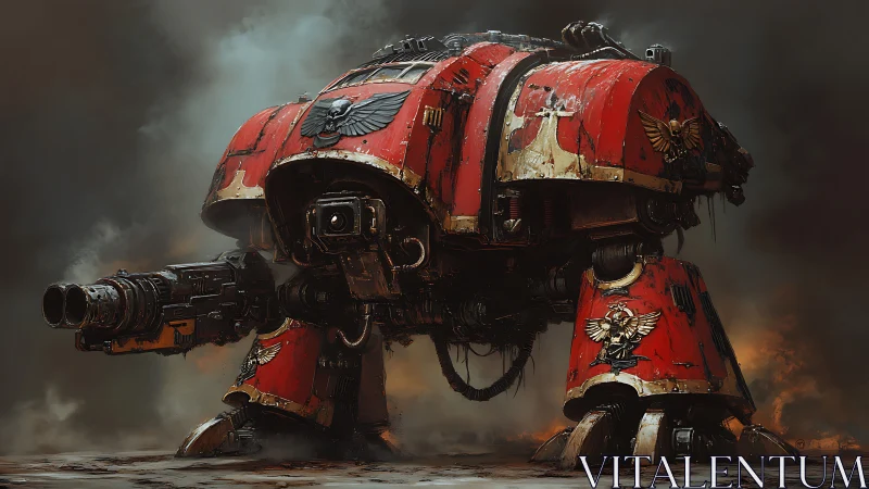 Battle-scarred red war mech standing strong in smoky light.