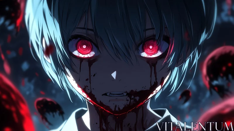 Blood-soaked anime child with glowing red eyes stares forward.