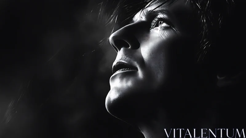 Upward gaze in dramatic monochrome light captures emotion.