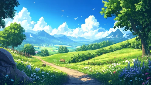 Sunlit rural valley path rendered with high-saturation digital painting