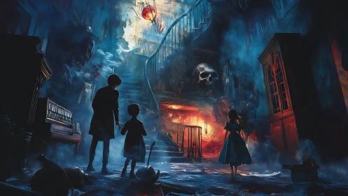 Curious children explore a glowing, haunted staircase scene.
