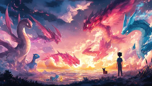 Sunset dragon tide surrounding tiny trainers by glowing sea.