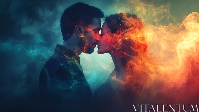 Double exposure portrait of two figures with contrasting thermal color elements.