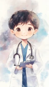 Soft watercolor chibi doctor character with stethoscope and clipboard