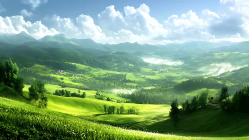 Emerald valleys awaken under drifting clouds and distant peaks.