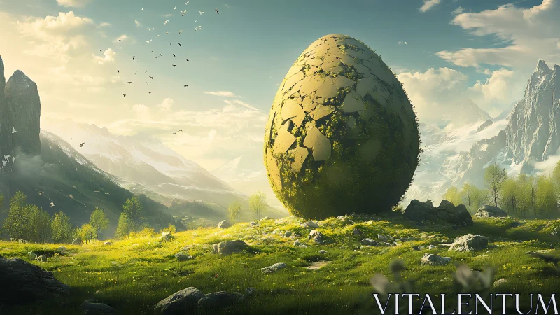 Giant cracked egg-shaped monolith stands in alpine meadow