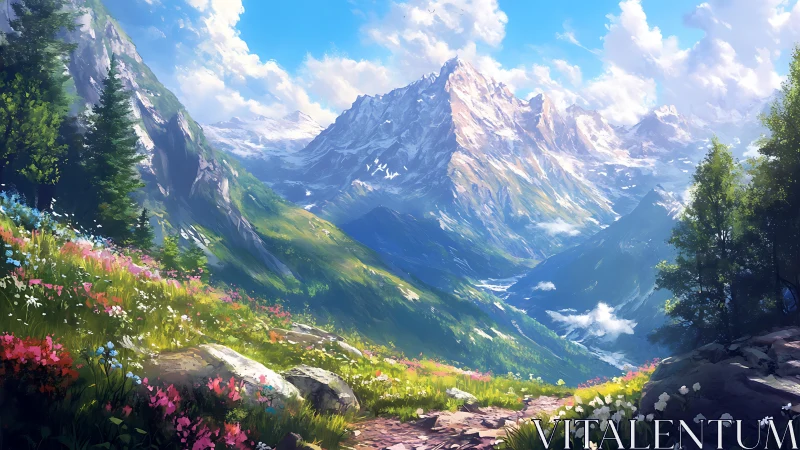 Sunlit alpine meadow beneath towering crystal peaks.