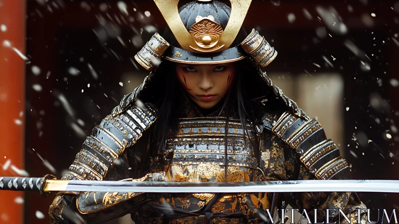 Snowlit warrior woman in ornate samurai armor poised to strike.