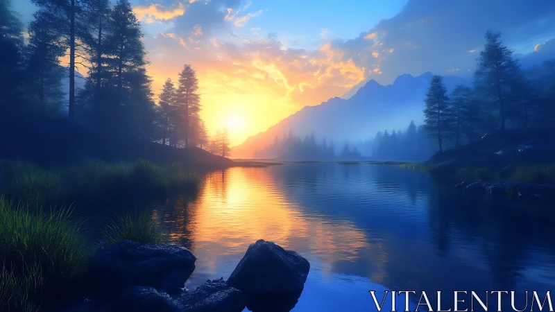 Sunrise over misty mountain lake with glowing reflections.